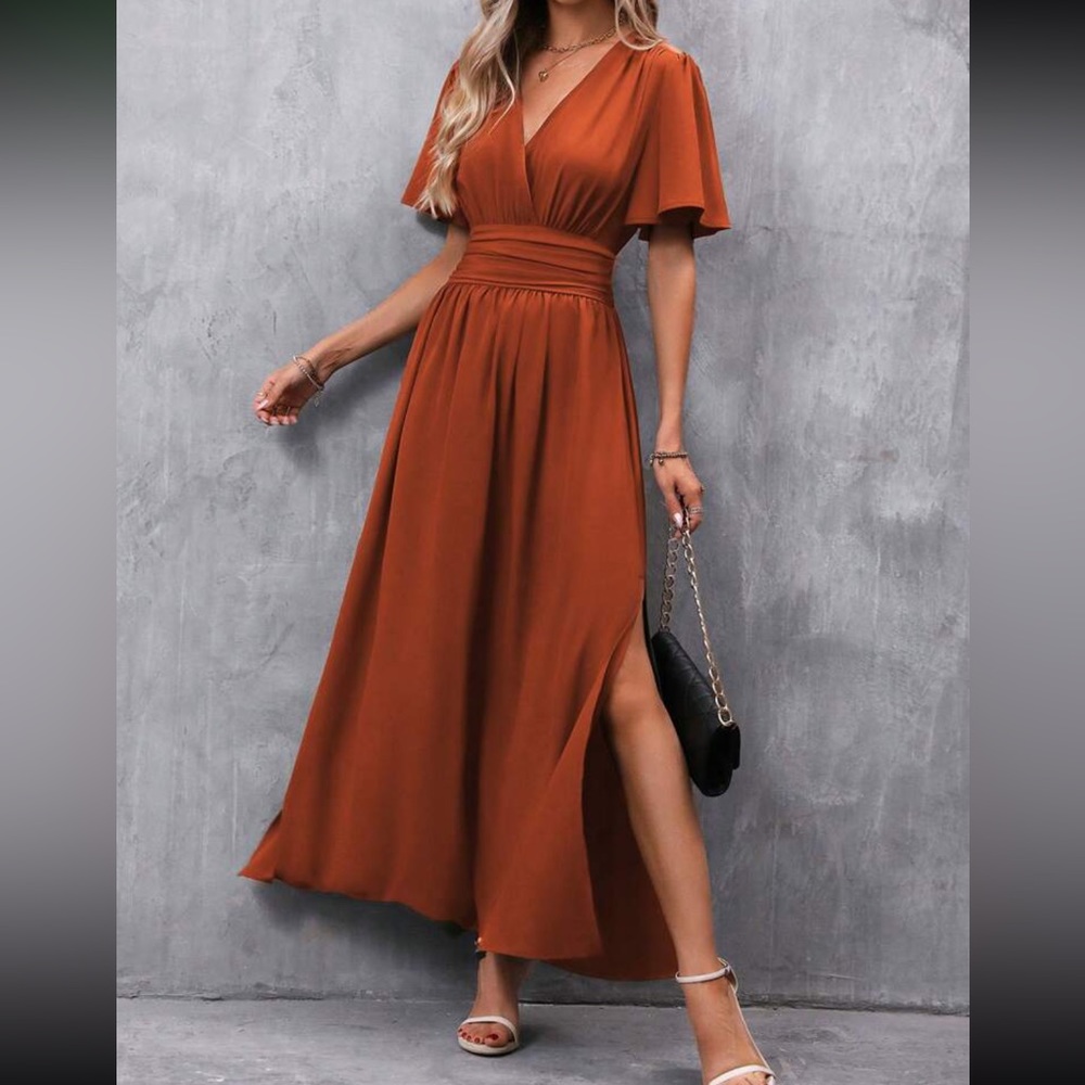 Women’s Maxi Dress - Rust V-Neck Flowing Skirt